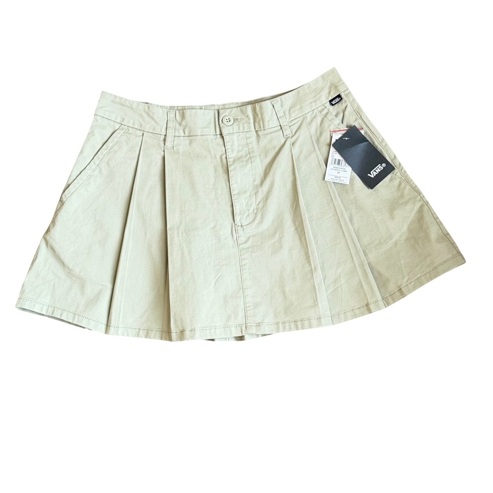 Vans Authentic Chino Pleated Flare Mini Skirt Khaki Organic‎ Cotton Size 28 /6